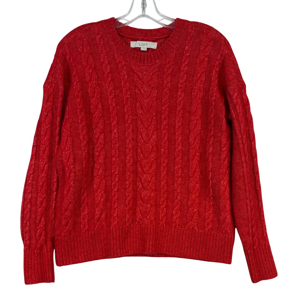 LOFT Womens Red Cable Knit Crew Neck Sweater •M• Long Sleeve Pullover Holiday